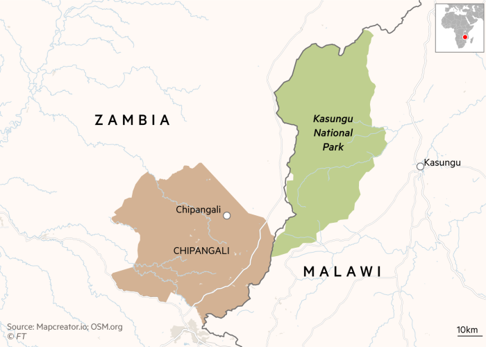 Map showing locaton of Kasungu national park in Malawi on the border with Zambia