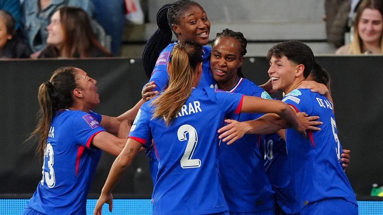 Marie-Antoinette Katoto celebrates scoring her winner for France