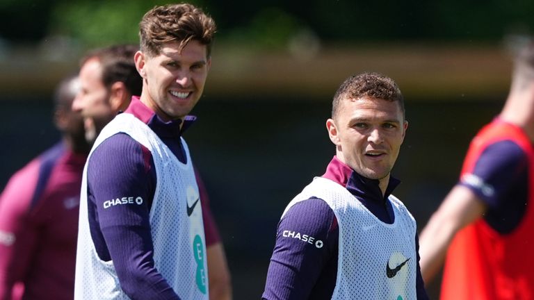 John Stones (left) and Kieran Trippier in England training on Sunday.