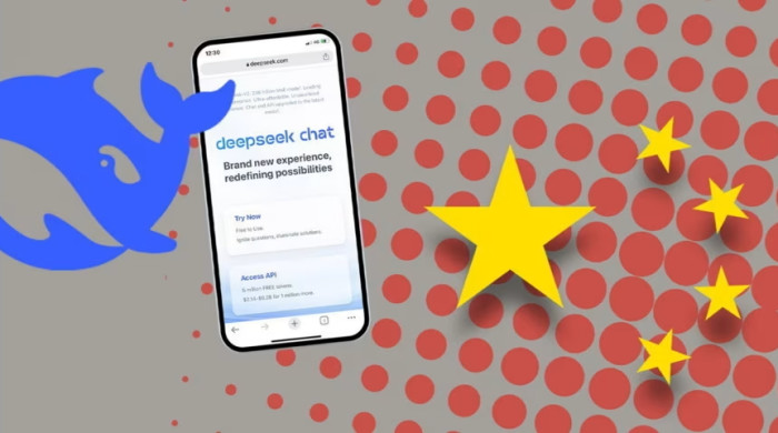 A montage of the Deepseek logo with the website on a phone and Chinese flag stars