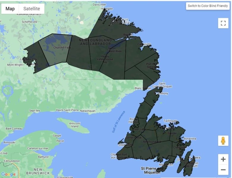 Map of Newfoundland and Labrador mostly painted dark.