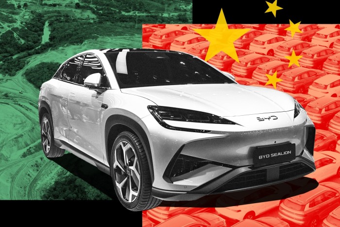 Montage image of a BYD car, a Chinese flag and a mine