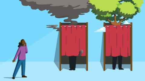 Andy Carter illustration of a woman looking up at 2 voting booths, one with a tree growing out and another with smoggy air spewing out, to show the effects on the environment of voting one way or the other.