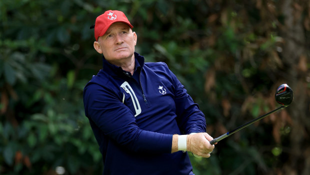 Frank Bensel Jr. of the United States team plays a shot during the singles matches on Day Three of the 2022 PGA Cup on The Longcross Course at Foxhills Club and Resort on September 18, 2022 in Ottershaw, England. (Photo by David Cannon/Getty Images)