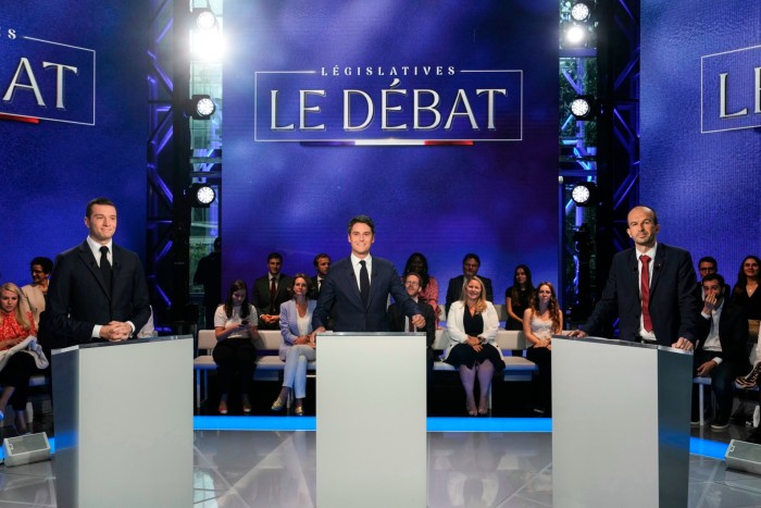 RN leader Jordan Bardella, centrist French Prime Minister Gabriel Attal and La France Insoumise (France Unbowed) MP Manuel Bompard (left to right)