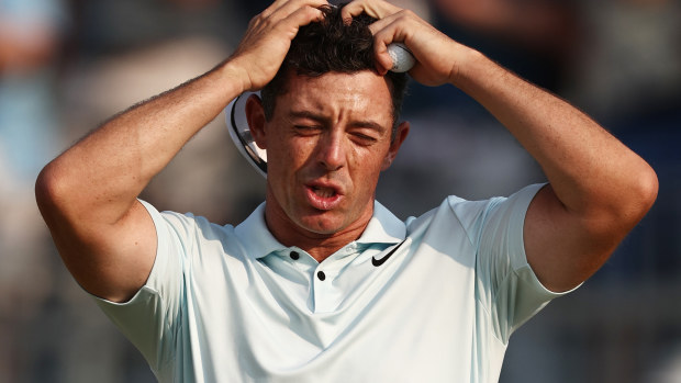 Rory McIlroy of Northern Ireland reacts after finishing the 18th hole during the final round of the 124th U.S. Open at Pinehurst Resort on June 16, 2024 in Pinehurst, North Carolina. (Photo by Jared C. Tilton/Getty Images)