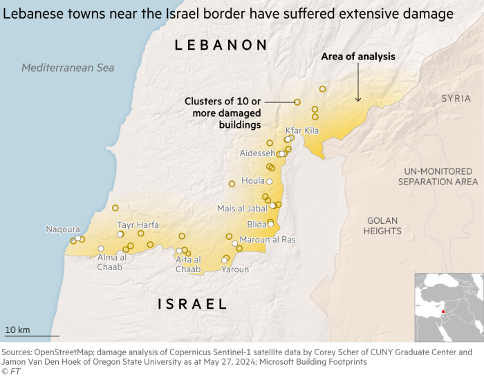 Map of the Israel-Lebanon border, showing Lebanese towns near the Israeli border that have suffered extensive damage