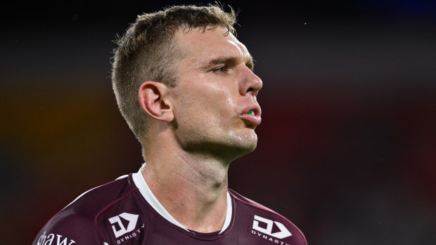 Tom Trbojevic in action for the Sea Eagles against the Dolphins.