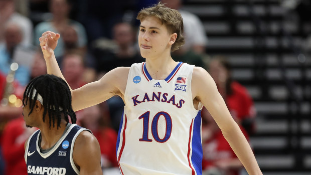 Johnny Furphy of the Kansas Jayhawks celebrates after scoring.