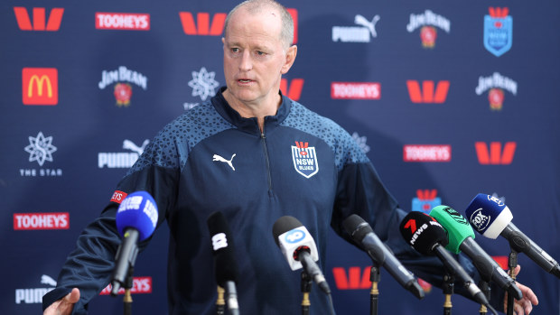 NSW Blues coach Michael Maguire speaks to the media.