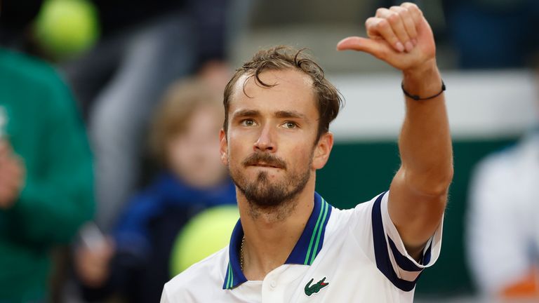 Russia's Daniil Medvedev celebrates winning his third round match of the French Open tennis tournament against Tomas Machac of the Czech Republic at the Roland Garros stadium in Paris, Saturday, June 1, 2024. (AP Photo/Jean-Francois Badias)