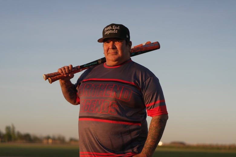 A man with tattoos holds baseball bats wearing a jersey and a ball cap. 