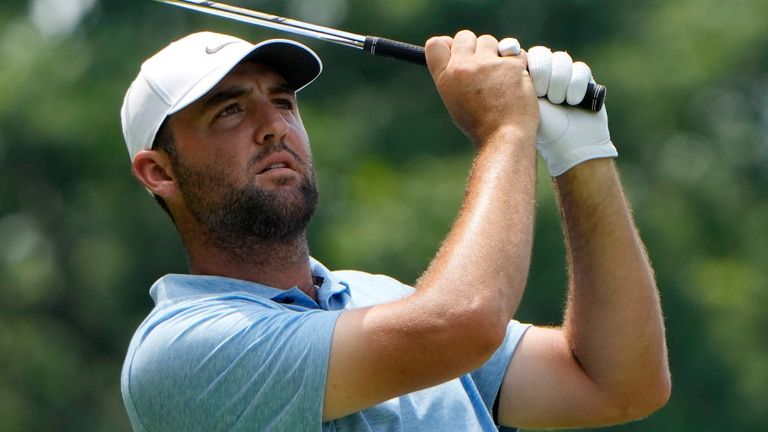 Scottie Scheffler tees off on the 11th hole during the final round of the Travelers Championship golf tournament at TPC River Highlands, Sunday, June 23, 2024, in Cromwell, Conn. (AP Photo/Seth Wenig)