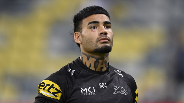 TOWNSVILLE, AUSTRALIA - APRIL 27: Taylan May of the Panthers looks on before the start of the round eight NRL match between North Queensland Cowboys and Penrith Panthers at Qld Country Bank Stadium, on April 27, 2024, in Townsville, Australia. (Photo by Ian Hitchcock/Getty Images)