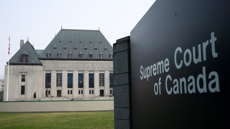 A building is shown in the background, with a sign that reads Supreme Court of Canada shown in the foreground.
