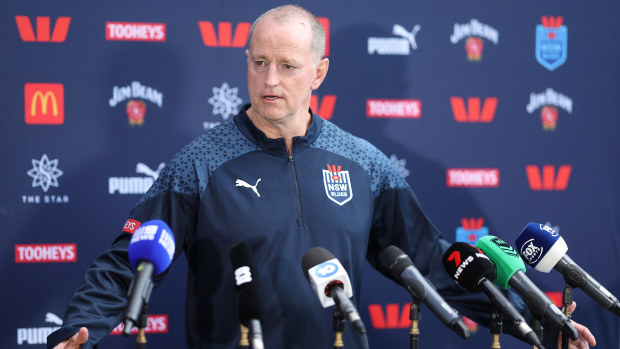 NSW Blues coach Michael Maguire speaks to the media.