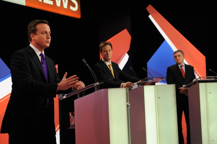 Conservative leader David Cameron (left) Lib Dem leader Nick Clegg (centre) and Prime Minister Gordon Brown take part in the second live leaders’ election debate