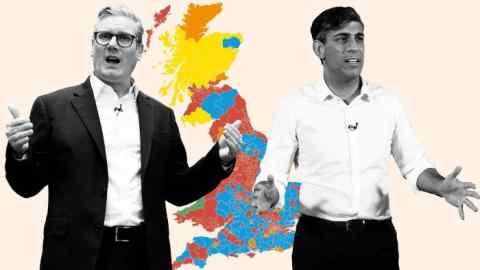 A montage of Keir Starmer, Rishi Sunak and a British map in the background