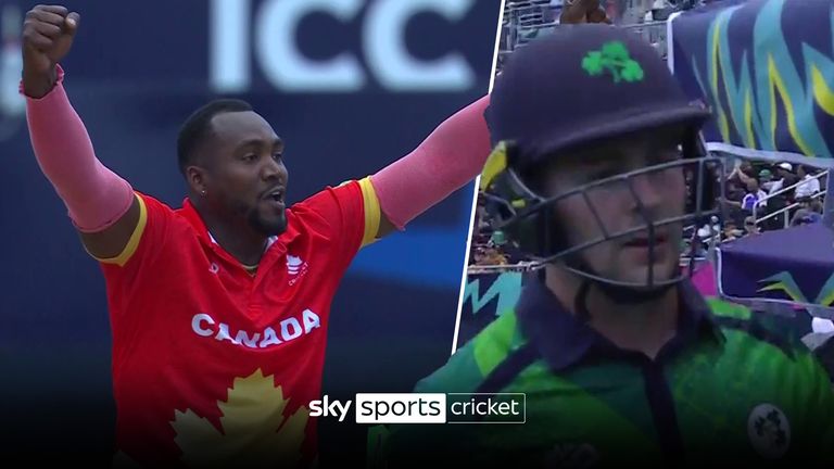 Aaron Johnson produced this superb catch to get Canada&#39;s fifth wicket against the Republic of Ireland at the T20 World Cup.