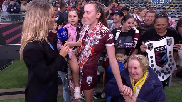 Tamika Upton and her nan Helen share a special moment following Queensland's Women's State of Origin victory.