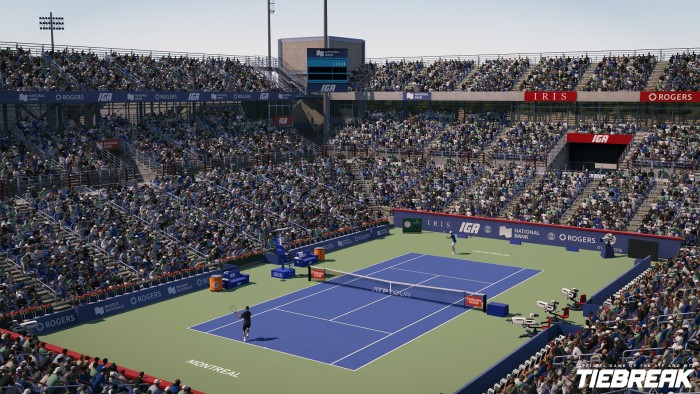 High up cartoon view of a tennis match in an arena with spectators