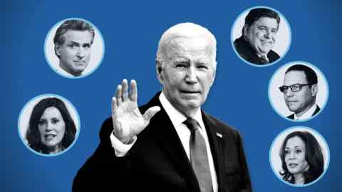 Joe Biden in centre. Clockwise from bottom left: Gretchen Whitmer, Gavin Newsom, JB Pritzker, Josh Shapiro and Kamala Harris