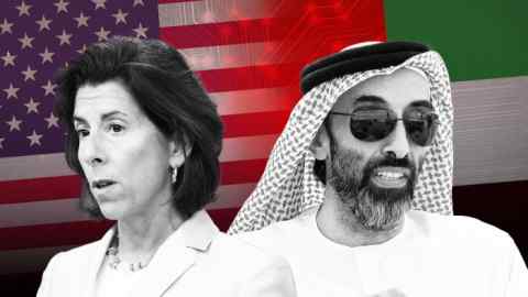 Montage of US commerce secretary Gina Raimondo and Emirati royal family member Sheikh Tahnoon Bin Zayed al-Nahyan