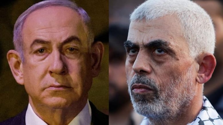 Left: Israeli prime minister Benjamin Netanyahu. Right: Yahya Sinwar, the leader of Hamas in Gaza.