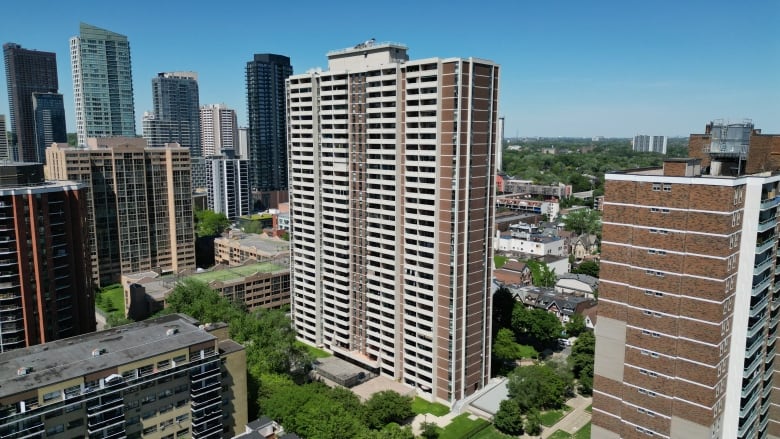 A high-rise building is pictured from above.