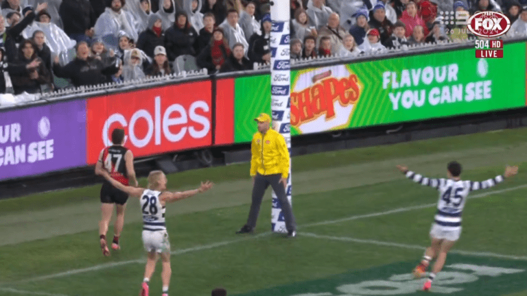 Essendon loss to Geelong, controversial umpiring, deliberate rushed behind, Brad Scott comments, Jye Menzie, Kyle Langford comments