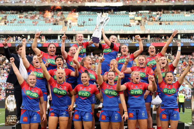 SYDNEY, AUSTRALIA - OCTOBER 01: Knights players celebrate with the Premiership Trophy after winning the 2023 NRLW Grand Final match between Newcastle Knights and Gold Coast Titans at Accor Stadium, on October 01, 2023, in Sydney, Australia. (Photo by Matt King/Getty Images)