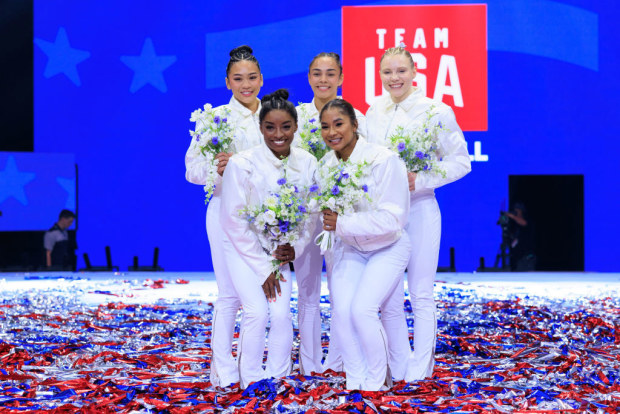 2024 U.S. Olympic Team Gymnastics Trials; Team USA: (Back to front, left to right) Suni Lee, Hezly Rivera, Jade Carey, Simone Biles, and Jordan Chiles.
