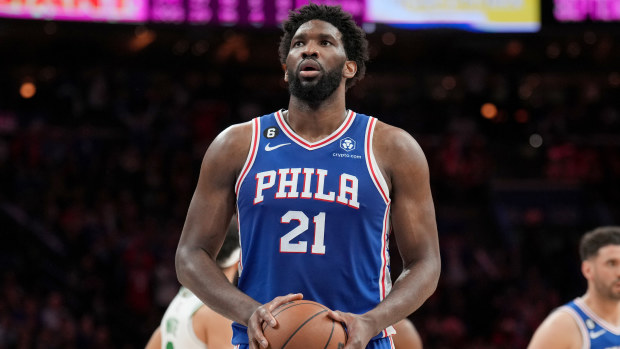 Joel Embiid #21 of the Philadelphia 76ers prepares to shoot a free throw during the game against the Boston Celtics during Game 6 of the 2023 NBA Playoffs Eastern Conference semi-finals on May 11, 2023 at the Wells Fargo Center in Philadelphia, Pennsylvania