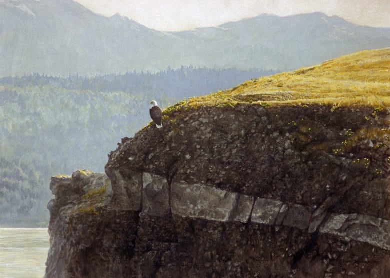 A painting of an eagle overlooking water atop a large hill.