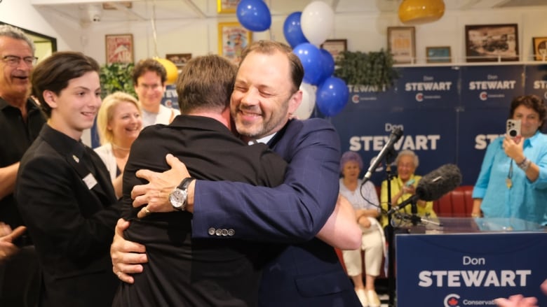 Photos of Conservative Candidate Don Stewart in Toronto St. Paul's Federal By Election. Shortly before 2230 on Election Evening, Mr Stewart came to talk to supporters and took questions from CBC/Radio-Canada.