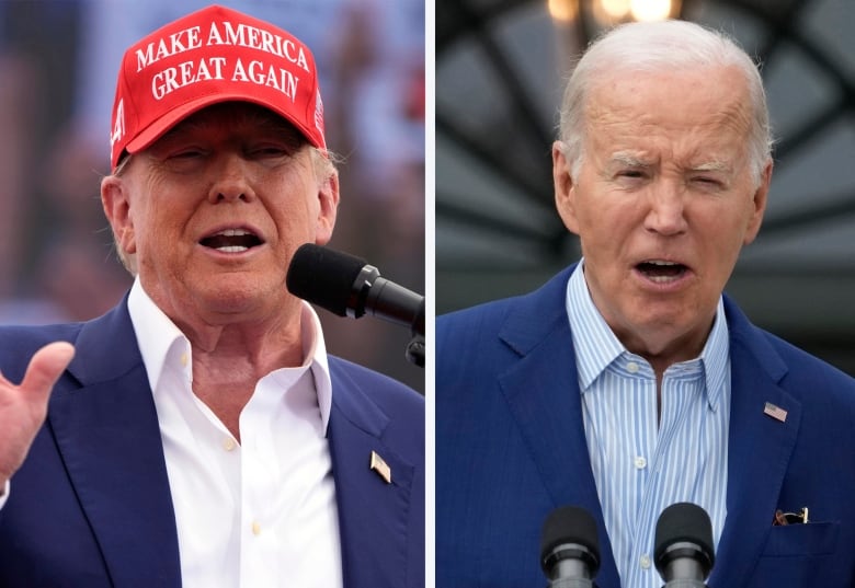 Pics of Biden and Trump side by side, Trump in a red MAGA hat