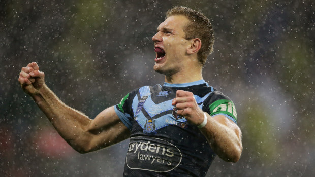 Tom Trbojevic of the Blues celebrates a try during game two of the 2019 State of Origin series between the New South Wales Blues and the Queensland Maroons at Optus Stadium on June 23, 2019 in Perth, Australia. (Photo by Will Russell/Getty Images)