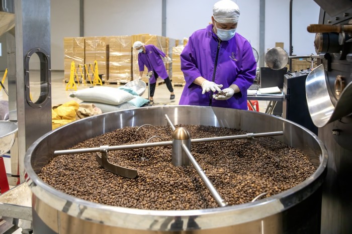 An employee checks robusta coffee beans during the cooling down process at the Tran-Q Co. coffee factory in Dong Nai province, Vietnam