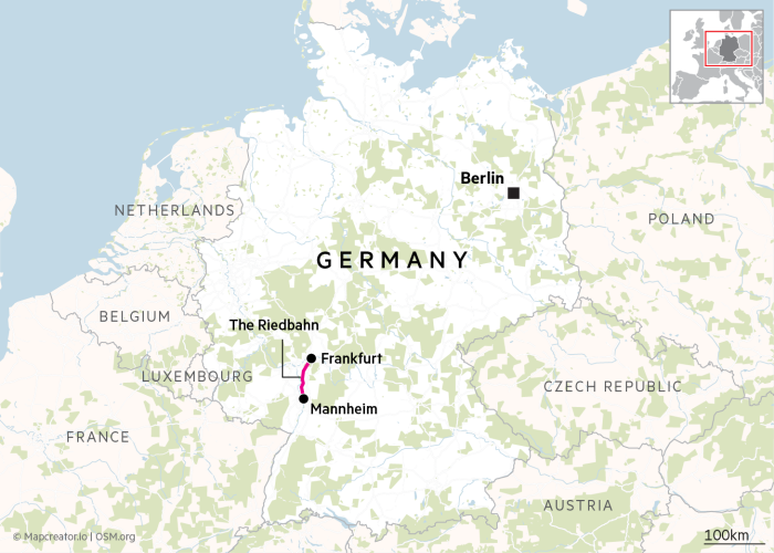 Map showing route of The Riedbahn connecting Frankfurt and Mannheim