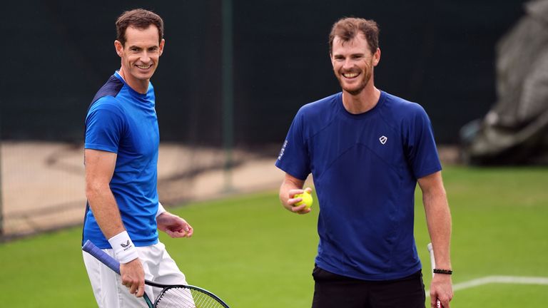 Andy Murray and Jamie Murray (right) on the practise courts on day two of the 2024 Wimbledon Championships at the All England Lawn Tennis and Croquet Club, London. Picture date: Tuesday July 2, 2024.