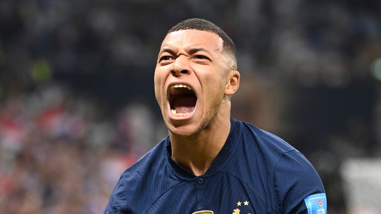 France's Kylian MBAPPE reacts after scoring his second goal during the FIFA World Cup Final match at Lusail Iconic Stadium in Lusail, Qatar on Dec. 18, 2022. ( The Yomiuri Shimbun via AP Images )