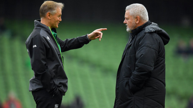 Ireland coach Joe Schmidt and Wales coach Warren Gatland at the  Aviva Stadium in Dublin.