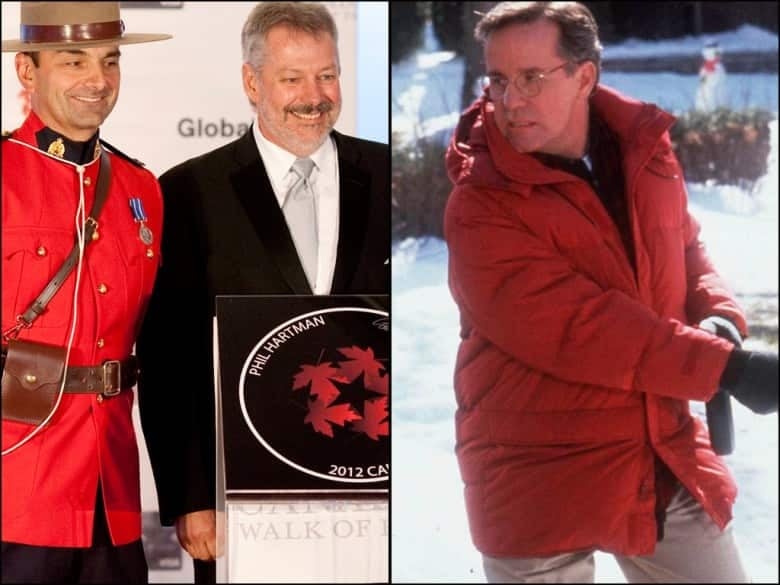 A split screen photo shows, on one side, Phil Hartman acting in a movie, on the other, his brother and an RCMP officer accepting his Canada Walk of Fame award at a podium