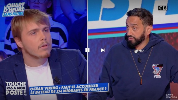 Louis Boyard, LFI MP, left and TV host Cyril Hanouna, right