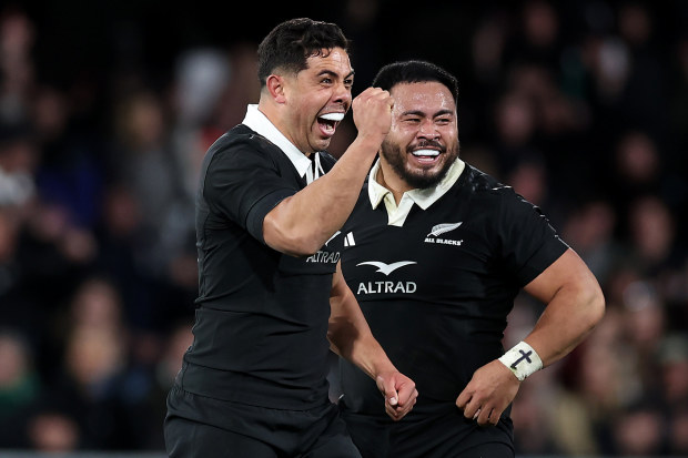 Anton Lienert-Brown of the New Zealand All Blacks celebrates on fulltime.