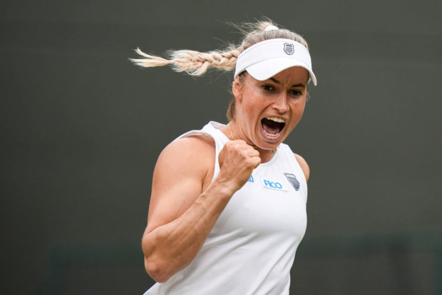 LONDON, ENGLAND - JULY 06: Yulia Putintseva of Kazakhstan reacts in the Women's Singles third round match against Iga Swiatek of Poland during day six of The Championships Wimbledon 2024 at All England Lawn Tennis and Croquet Club on July 06, 2024 in London, England. (Photo by Shi Tang/Getty Images)