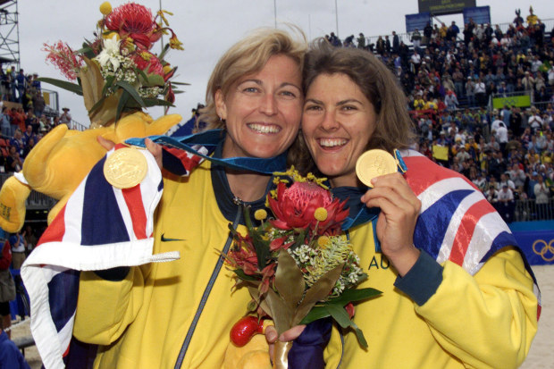 Kerri Pottharst (left) and Natalie Cook celebrate becoming Olympic champions.