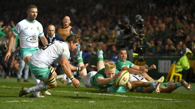 Jamie Osborne of Ireland scores his side's first try despite the tackle of Kwagga Smith of South Africa during the first test between South Africa and Ireland at Loftus Versfeld Stadium in Pretoria, South Africa. (Photo By Brendan Moran/Sportsfile via Getty Images)