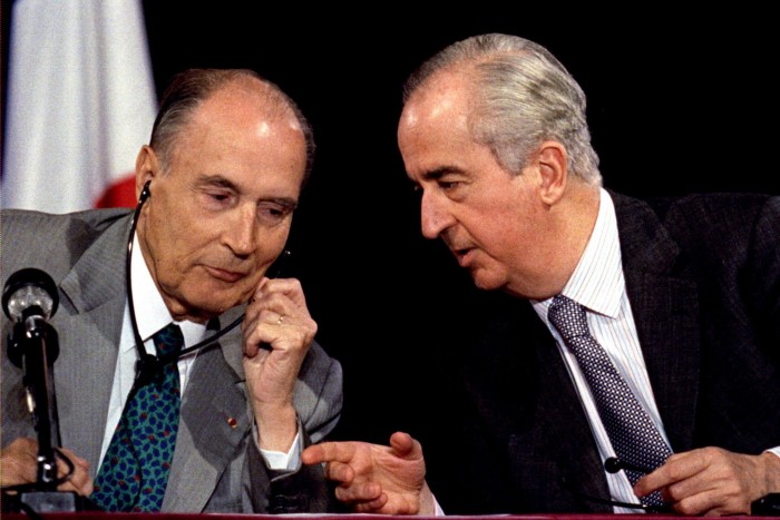 President François Mitterrand, left, chats with his prime minister Édouard Balladur during the joint press conference ending the 61st Franco-German summit meeting on June 2 1993 in Beaune, France