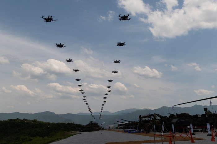 South Korean army drones are flown as part of a joint exercise with the US army in Pocheon, north-east of Seoul.